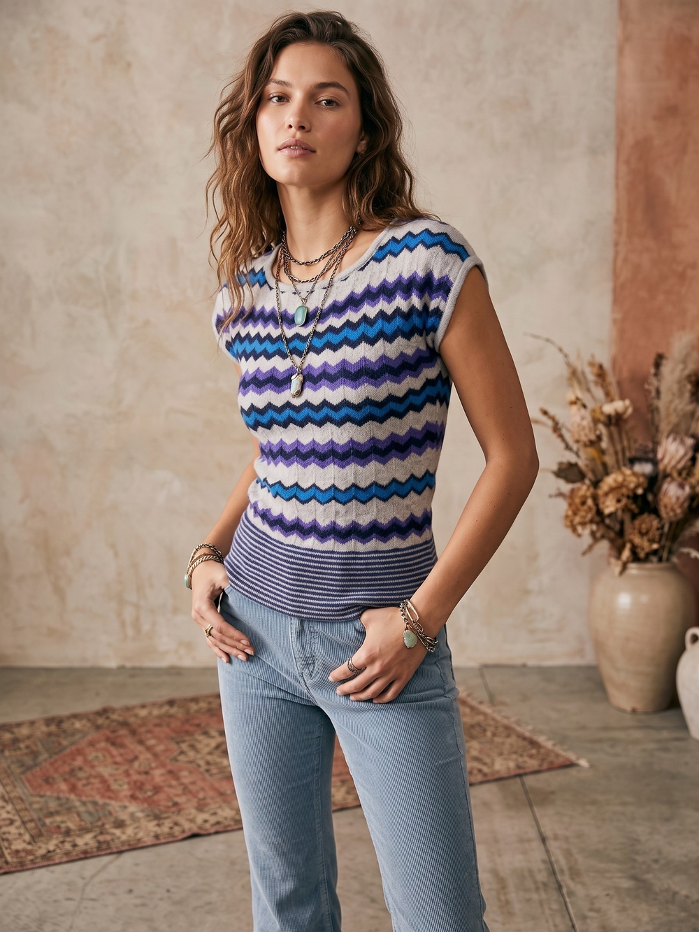 Free People Wool Blend Chevron Knit Cap Sleeve Top Blue Purple Size M